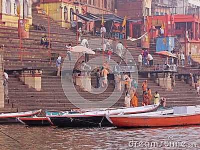 Morning on a Varanasi ghat above the Ganges Editorial Stock Photo